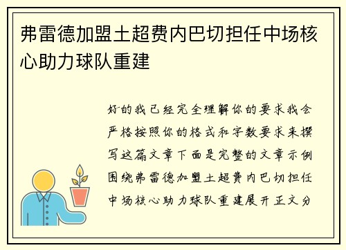 弗雷德加盟土超费内巴切担任中场核心助力球队重建